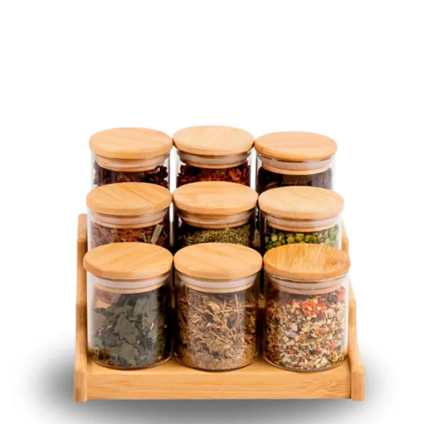 Conjunto Porta Mantimento De Vidro 250ml Hermético Tampa De Bambu Para Alimentos Temperos