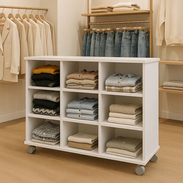 Móvel Expositor organização Closet para Loja de Roupas 9 Nichos com Rodinhas Branco Estante