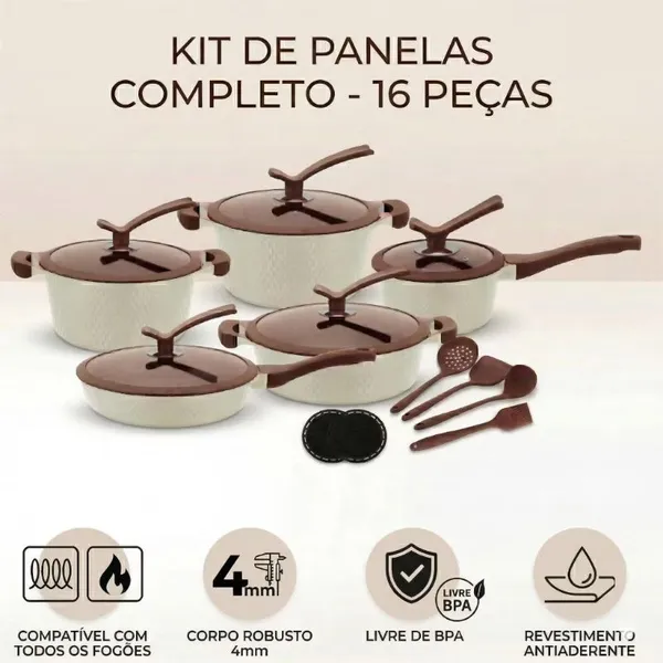 Conjunto Jogo De Panelas Antiaderente Revestido em Cerâmica Gás Indução 16 Peças