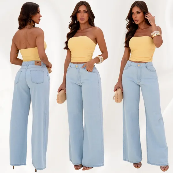 Calça Jeans Wide Leg Feminina Cintura Alta Modeladora Look Elegante Confortável Premium