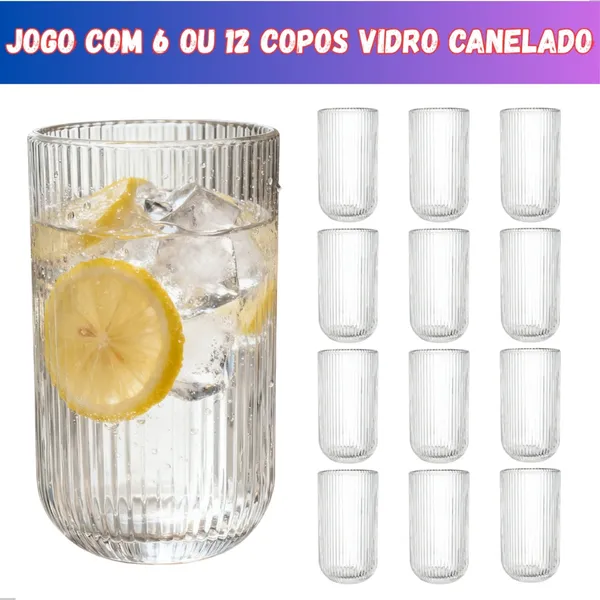 Jogo Kit 6 ou 12 Copos Vidro Canelado 450ml Grafiato - Design Elegante Resistente Suco Água Drinks