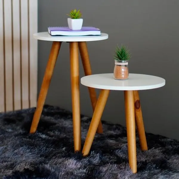 Conjunto de Mesinhas Canto E Apoio Pe Palito Madeira Tripe Porta Quadros E Objetos