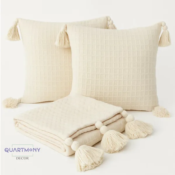 Kit Pompom Peseira Completo Para Cama Sofá ( Peseira + Capa De Almofada ) Decorativa Moderno