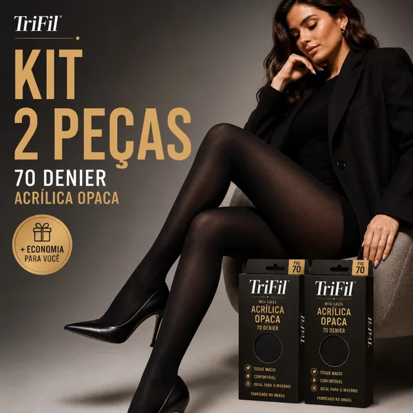 Kit 2 Meia Calça Trifil Fio 70 Acrílica Opaca Preta Inverno