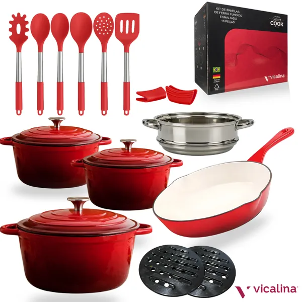 Vicalina kit jogo conjunto de panelas de ferro esmaltadas luxo para fogão indução 18 peças