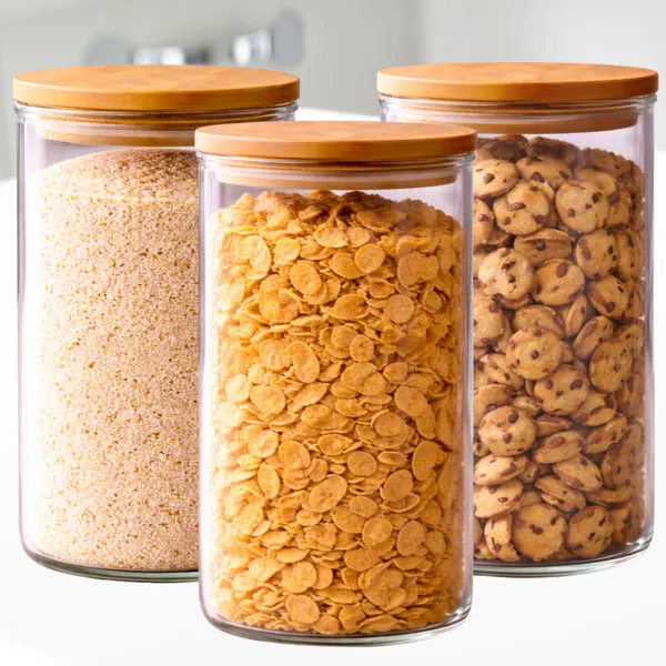 Kit 3 Potes De Vidro Borossilicato Hermético Tampa Bambu Vedação Alimentos Cereais Olivini Home