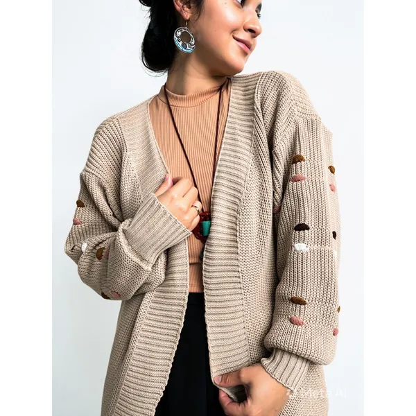 Casaco Cardigan Bolinhas Longo Feminino em Tricot Ponto Fang Manga Bufante Inverno
