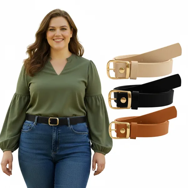 Kit 3 e 2 Cintos Plus Size Feminino Elegante Fivela Dourada Moda Primavera PP ao G3 2.2cm  - Luana