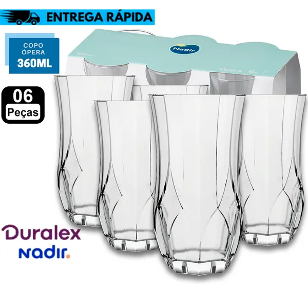 Kit Jogo Conjunto 6 Copos Longos de Vidro 360ml Nadir Opera