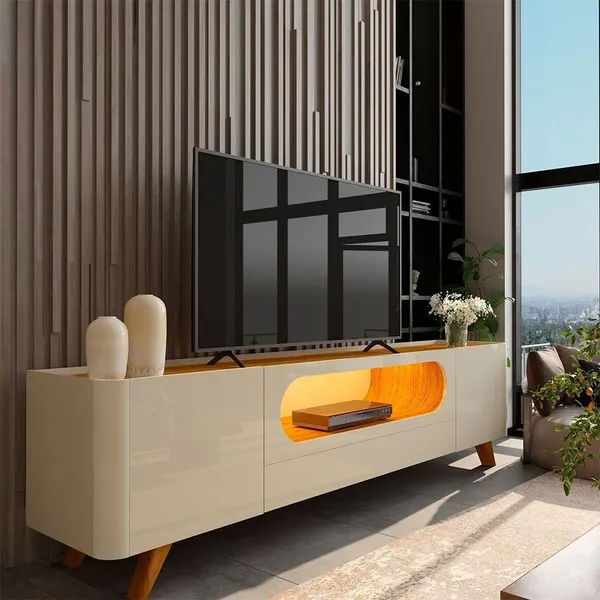 Rack para TV até 85 Polegadas com LED com Pés em Madeira Maciça 210cm 100% MDF Nobre Madeira Maciça