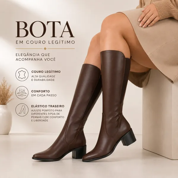 Bota Feminina Cano Alto Couro Legítimo Preta Elastano Ajuste Perfeito Confortável Elegante Inverno Montaria Rodeio Festa