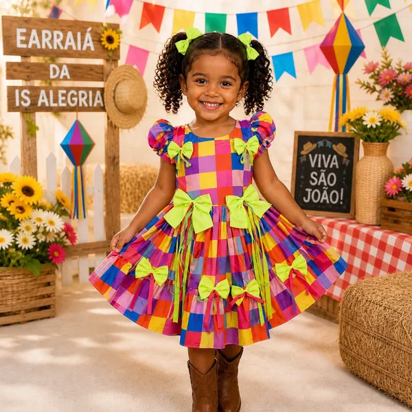 Vestido Festa Junina Infantil Xadrez com Laços