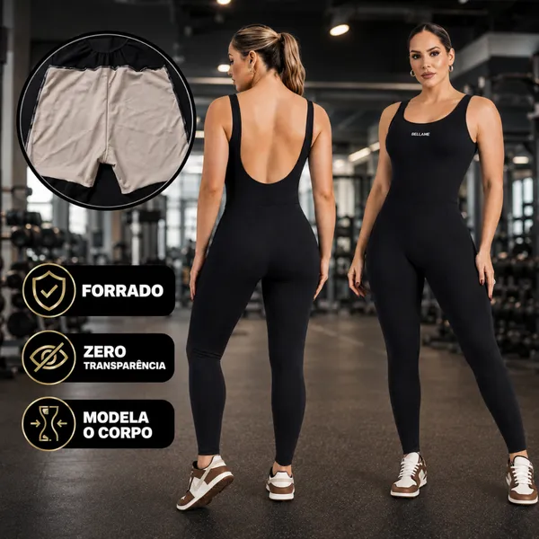 Macacão Fitness Forrado Feminino Longo Roupa de Academia com Costas Abertas Zero Transparência