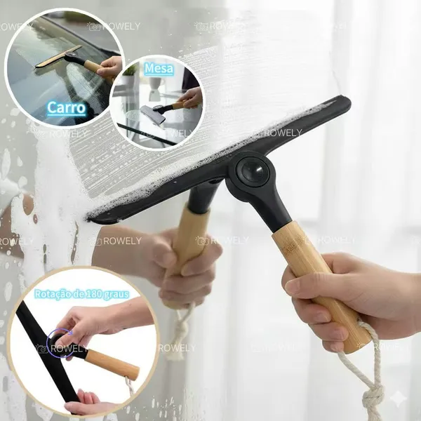 Rodo de Limpeza de Silicone com  Cabo de Madeira 360° para Banheiro, Vidros e Carro