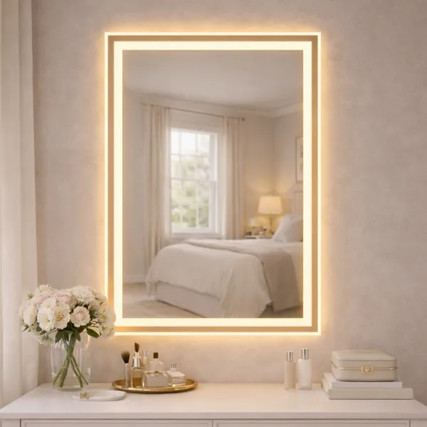 Espelho Retangular Jateado com 3 Cores LED Touch Vertical Decorativo de Parede