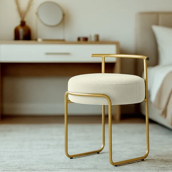 Puff Sala ​Redondo Evans Base Metal Gold Tecido Boucle Cores