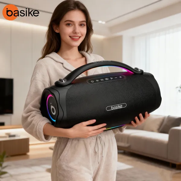 Basike Caixa de Som Bluetooth 100W Boombox Plus 10H Portátil Subwoofer com RGB IPX6 360° Estéreo