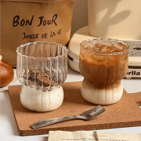 Conjunto Jogo de 2 Copos Fofos Canelado 300ml de Vidro Borossilicato Transparente Vintage Água Suco