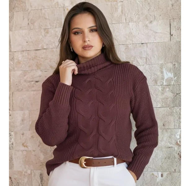 Blusa de Frio Feminina Tricô Gola Alta Manga Bufante Moda Inverno Estilosa Elegante