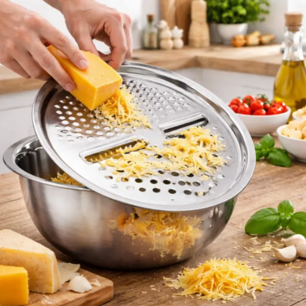 Tigela Inox 4 Em 1 Ralador Fatiador Bacia Legumes Queijo Manual 26cm Cozinha Prática Tampa Ralador Qualidade 1 ate 2 uni