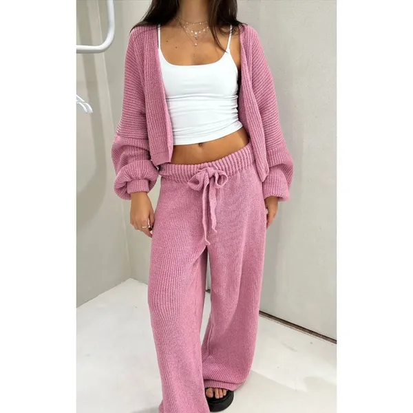 Conjunto Feminino de Tricot Mousse Premium Casaco Cardigan e Calça Com Amarração
