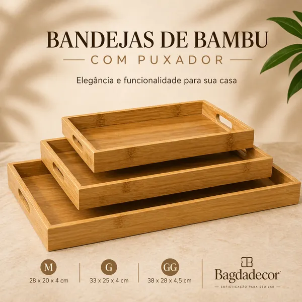 Bandeja De Bambu Redonda E Retangular Com E Sem Alça Decorativa Organizadora 11 Modelos