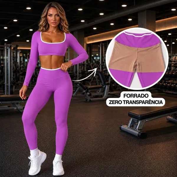Conjunto Manga Longa Forrado de Academia Fitness Feminino com Top Manga Comprida e Legging Cós Alto