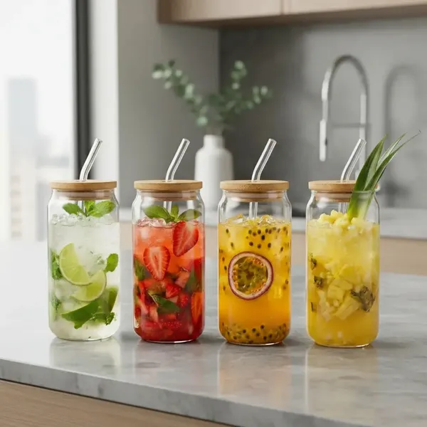 Kit Copos de Vidro com Tampa de Bambu e Canudo de Reutilizável Hermético Suco Café Transparente