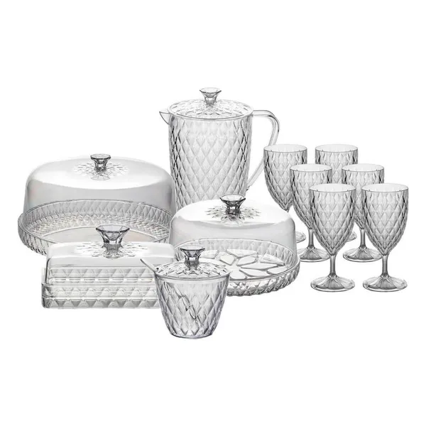 Kit Mesa Posta Glamour com 11 Itens Café da Manhã Jarra Queijeira Manteigueira Açucareiro Boleira
