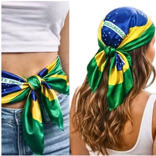 KIT 2  Lenço Bandana Bandeira do Brasil Cetim  90x90cm Multifuncional | Copa | Brilho Premium