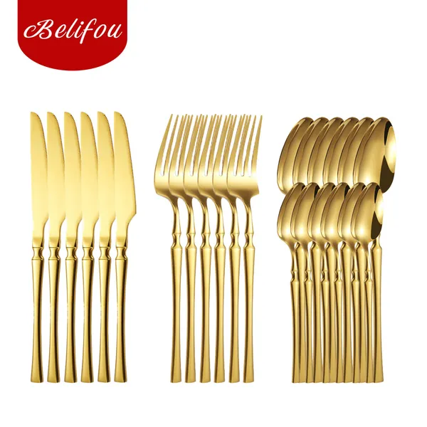 Belifou Kit 24 Jogo De Talheres Aço Inoxidável Cintura Fina Dourado