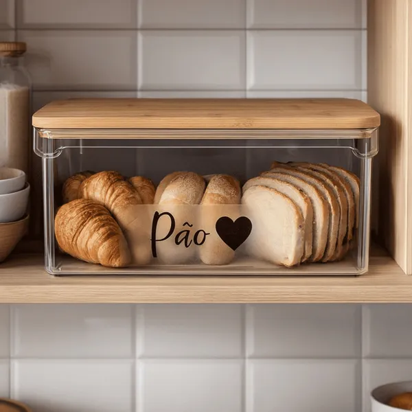 Porta Pão Hermético com Tampa de Bambu Acrílico Transparente