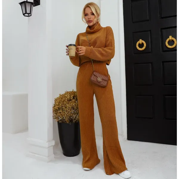 Conjunto De Mousse Feminino Tricot  Calça Wide Leg Pantalona e Blusa Cropped Aerolook Outono Inverno