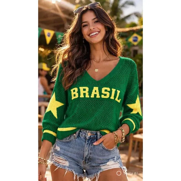 Blusa Feminina Tricot Brasil Manga Longa Decote V Estilo Crochê Moda Inverno Casual Tendência