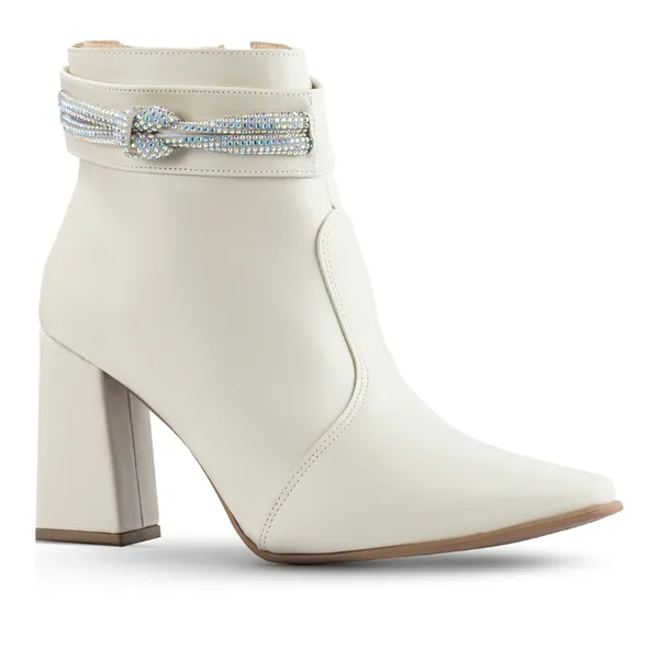 Bota Feminina Lumiss Strass Salto Alto Grosso Brilho Cristal Bico Fino Confortável Fashion Off White
