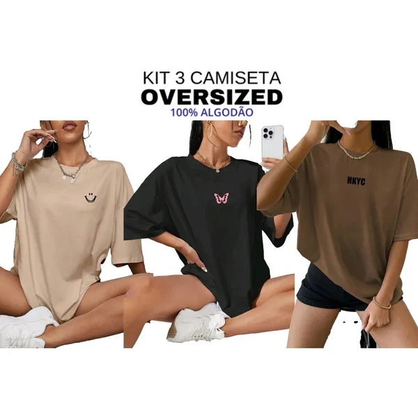Kit 3 Camisetas Oversized Feminina 100% Algodão estampado Streetwear ENVIO IMEDIATO