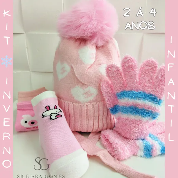 Kit 5 Itens Inverno Infantil Feminino Touca Luva e Meia de 2 á 4 Anos de Idade