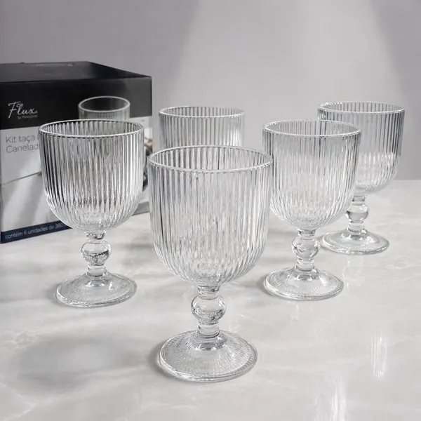 Conjunto 6 Taças Canelada De Vidro Transparente Detalhe 380 ml Luxo  Atemporal
