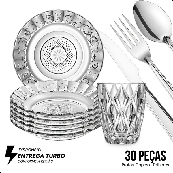 Kit Jantar 30 Peças Pratos Estrela Copos Diamond 300ml Talheres Inox Completo Elegante Luxo