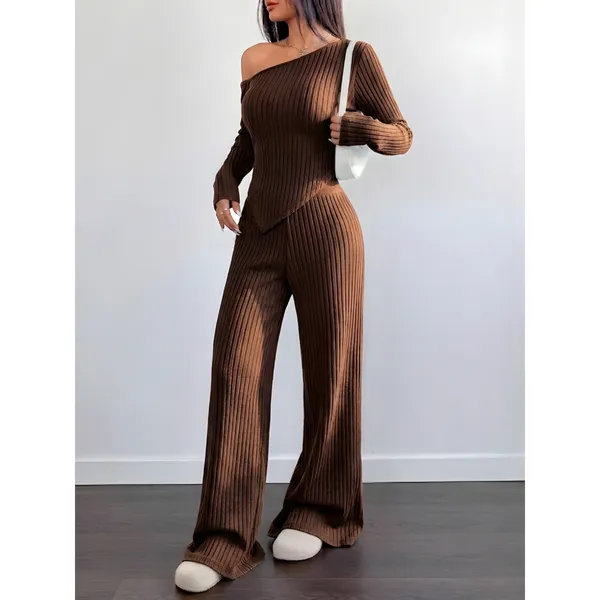 Conjunto Mila Feminino Blusa Assimétrica Manga Comprida + Calça Pantalona Malha Ribana Moda Inverno