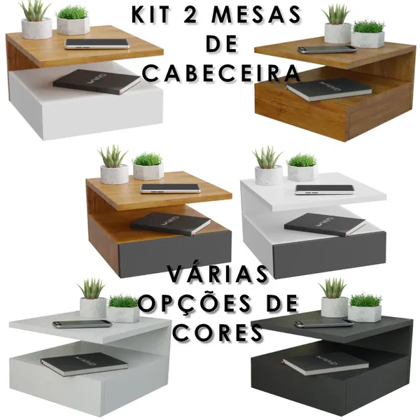 Kit 2 Mesas de Cabeceira Suspensas com Gaveta e Prateleira