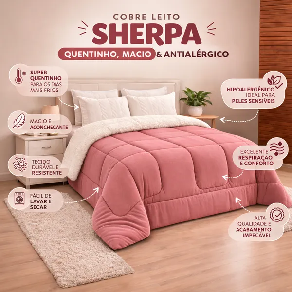 Coberdrom Casal 2,40x2,20m Tecido Microfibra Com Sherpa Dupla Face Pele de Carneiro Super Macio Quentinho Antialérgico