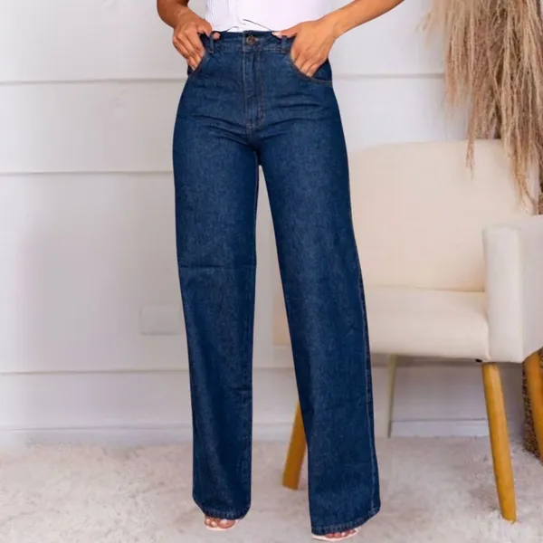 Calça Jeans Feminina Wide Leg Cintura Alta Pantalona Boca Larga