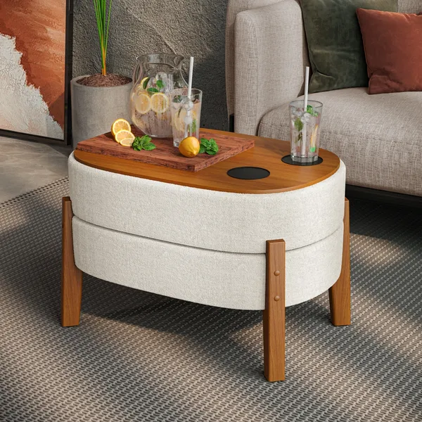Puff Dior Mesinha Com Porta Copo Design Moderno E Funciona Tecido Boucle Bege