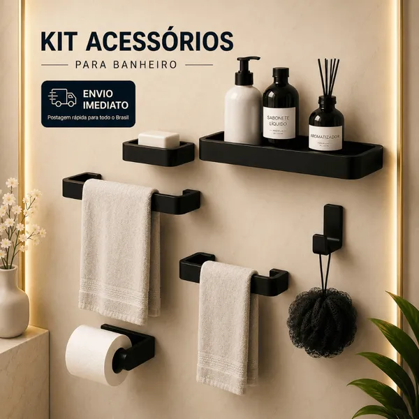 Kit Acessórios Para Banheiro Preto Fosco 6 Peças Reforçado