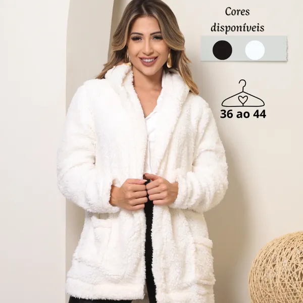 Casaco de Teddy com Capuz Forrado e Bolsos Laterais /Blusa de Pelinho com Capuz/ Moda Inverno 2025