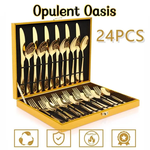 Kit Faqueiro Talheres e Maleta Em Inox Dourado Kit 24 Peças Conjunto De Talheres Caixa De Presente