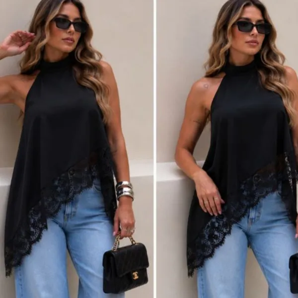 Blusa Feminina Gola Alta Crepinho Premium Assimétrica Renda Elegante Chic Casual Moda Sotisficado