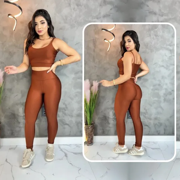 Conjunto calça com top removível legging feminina cintura alta suplex power grossa academia fitness