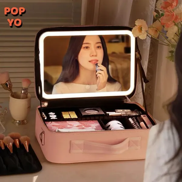 Bolsa de Maquiagem com Espelho LED Estojo Organizador de Pincéis, Make e Acessórios de Viagem POP YO